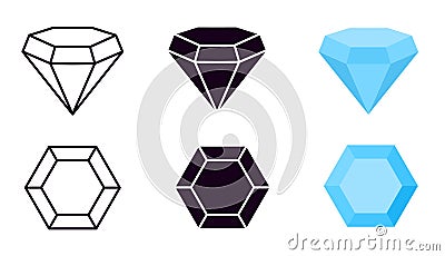 Diamond icon. Diamonds gems, jewelry diamantes luxury gemstones and brilliant. Line, black silhouette and blue flat Vector Illustration