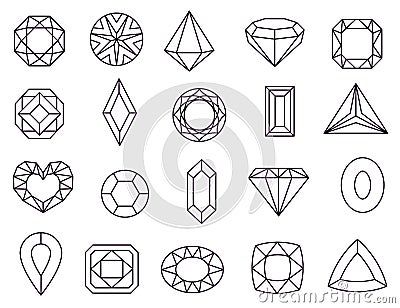 Diamond icons. Jewels diamonds gems, diamantes luxury jewel gemstones and precious gem. Crystal jewellery gems line Vector Illustration