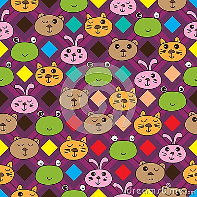 Diamond line cat frog bear rabbit seamless pattern Vector Illustration