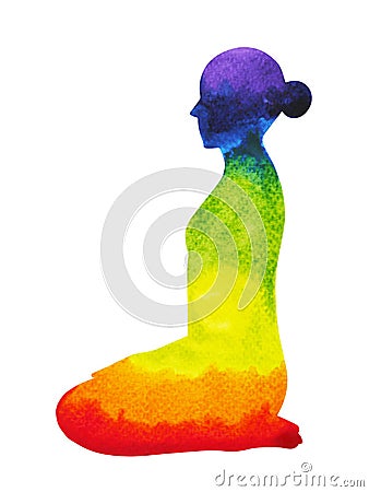 Diamond pose yoga, 7 color chakra watercolor painting hand drawn Cartoon Illustration