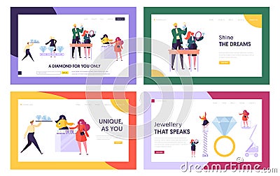 Diamond Producing and Selling in Jewelry Shop Website Landing Page Templates Set, Seller Offer Bijou to Customer, Woman Character Vector Illustration