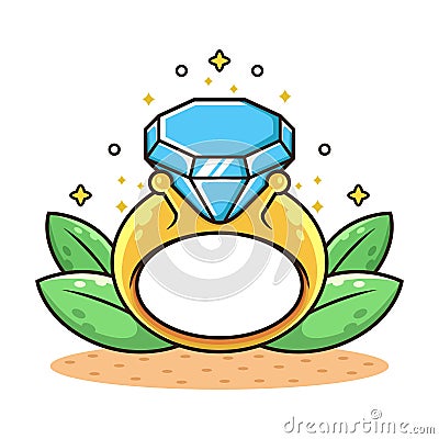 Diamond Ring with Leaf Cartoon. Jewelry Cartoon Icon Illustration. Engagement Icon Concept isolated on White Background Vector Illustration