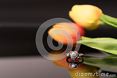 The diamond ring with tulips flower backgrounds, luxury rings with copy space Stock Photo