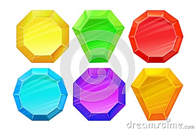 Diamond set in different colors, gemstone jewel in cartoon style isolated on white background. Collection crystals. Ui Vector Illustration