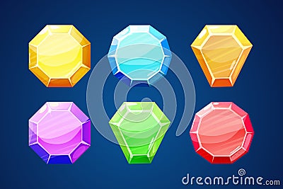 Diamond set in different colors, gemstone jewel in cartoon style isolated on white background. Collection crystals. Ui Vector Illustration