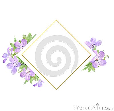 Diamond shaped frame of lilac watercolor geranium flowers isolated on white background. Perfect for logo, design Stock Photo