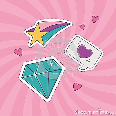 Diamond star and heart love patch fashion badge sticker decoration icon Vector Illustration