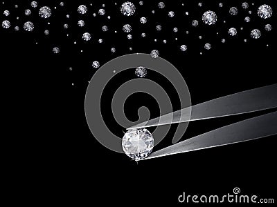 Diamond in tweezers on a black background with diamonds group soft focusing Stock Photo
