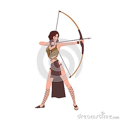 Diana or Artemis, goddess of hunt from Roman or Greek mythology isolated on white background. Brave beautiful woman Vector Illustration