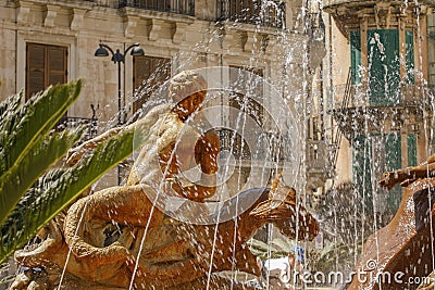 The Diana`s Fountain at Ortygia Island, Syracuse, Sicily Stock Photo