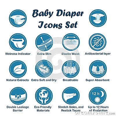 Diaper characteristics icons. Vector set Vector Illustration