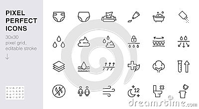 Diaper line icon set. Baby pants feature - absorption, breathable, cotton, poo pee, bath minimal vector illustration Vector Illustration