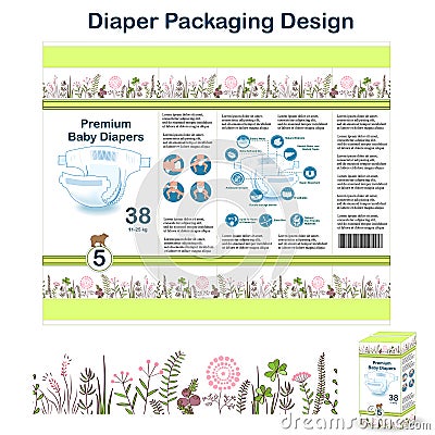 Diaper packaging design elements in doodle forest style. Nappy pakaging design for size 5, with floral border, diaper Vector Illustration