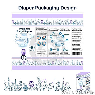 Diaper packaging design elements in doodle forest style. Nappy pakaging design for size 1, with floral border and owl. Vector Illustration