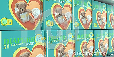 Row diapers packages at supermarket shelves background. 3d illustration Cartoon Illustration