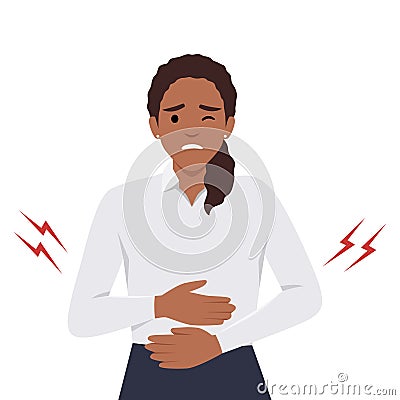 Diarrhea or constipation, problems with health concept. Young sad Woman standing feeling pain in stomach touching it with hands Cartoon Illustration