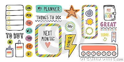 Diary cute note elements. Hand drawn doodles bullet journal banners. Vector Illustration