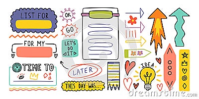 Diary cute note elements. Hand drawn doodles bullet journal banners. Vector Illustration