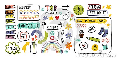 Diary cute note elements. Hand drawn doodles bullet journal banners. Vector Illustration