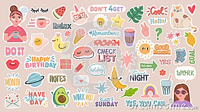 Diary stickers. Words, characters and quotes for planner journal. Trendy notebook decor with girls, food and cats. Daily Vector Illustration