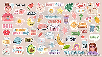 Diary stickers. Words, characters and quotes for planner journal. Trendy notebook decor with girls, food and cats. Daily reminder Vector Illustration