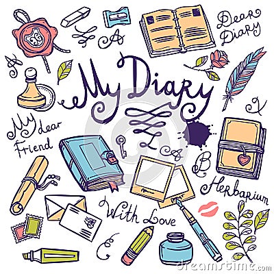 Diary Writing Instrument Set Vector Illustration