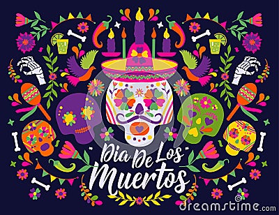Dias de los Muertos typography banner vector. In English Feast of death. Mexico design for fiesta cards or party Vector Illustration