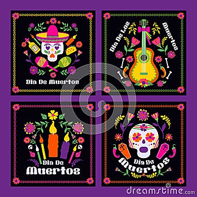 Dias de los Muertos typography banners vector. Mexico design for fiesta cards or party invitation, poster. Flowers Vector Illustration