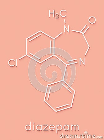 Diazepam sedative and hypnotic drug benzodiazepine class molecule. Skeletal formula. Stock Photo