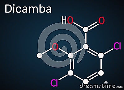 Dicamba C8H6Cl2O3 molecule. It is used as a herbicide. Skeletal chemical formula Stock Photo