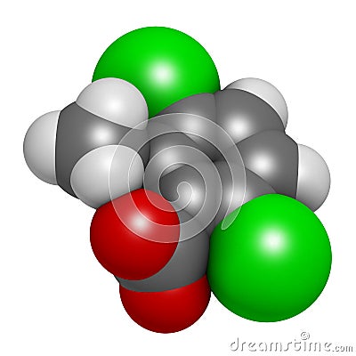 Dicamba herbicide molecule. 3D rendering. Used in weed control. Atoms are represented as spheres with conventional color coding: Stock Photo