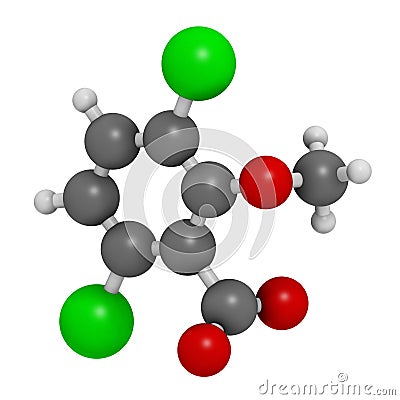 Dicamba herbicide molecule. 3D rendering. Used in weed control. Atoms are represented as spheres with conventional color coding: Stock Photo