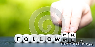 Dice form the expression `follow me` and `follower`. Stock Photo