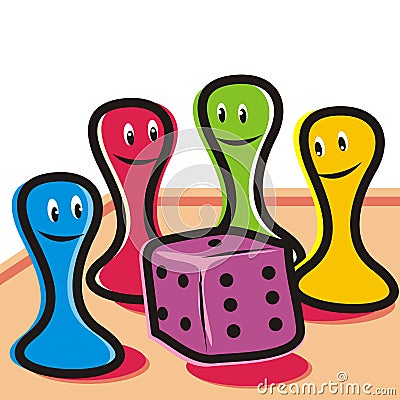 Game dice and four humorous figurines, eps. Vector Illustration