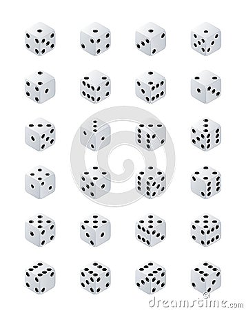 Dice isometric. Variants white game cubes isolated on transparent background. White poker cubes vector isolated Vector Illustration