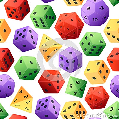 Dice pattern. Seamless print of gambling and role playing board game dices of various sides. Vector polyhedral gaming Vector Illustration