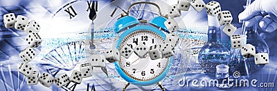 Dice placed in the form of a continuous chain. Clock from which particles fly in different directions Stock Photo