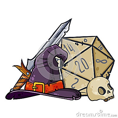 Dice for playing DnD. Tabletop role-playing game Dungeon and dragons with d20. Magical role of sorcerer with witch hat. Vector Illustration