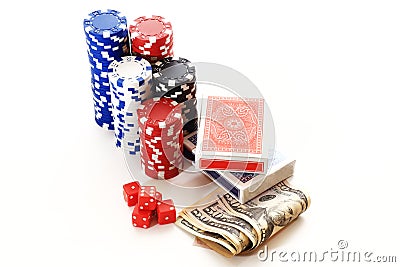 Dice poker chips card money on white background Stock Photo