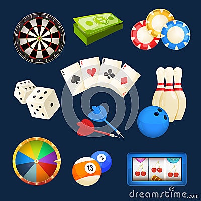 Dice, snooker, casino games, cards and other popular entertainments. Vector icon set Vector Illustration