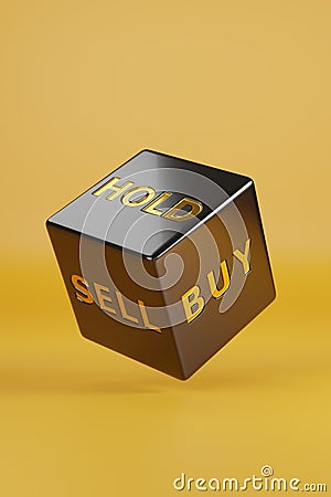 Dice with words sell, buy and hold isolated on yellow background. 3d illustration Cartoon Illustration