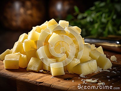 Diced Boiled Potato Pile, Chopped Potatoes, Cooked Cubed Potato on White Stock Photo