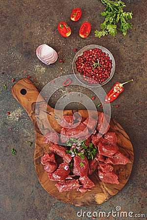 Diced raw angus beef meat and ingredients Stock Photo