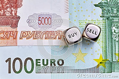 Dices cubes, RUB, EUR banknotes Stock Photo