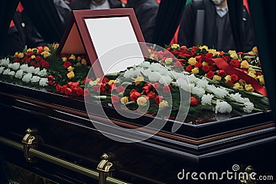 dictator funeral mockup, coffin with blank portrait board surrounded with flowers and blurry crowd of people, neural Stock Photo