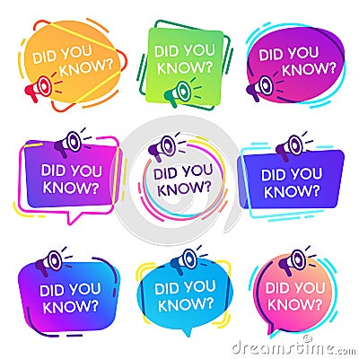 Did you know labels. Interesting facts speech bubbles, knowledge base label and social media faq banner isolated vector Vector Illustration