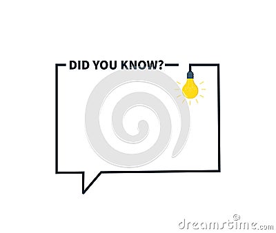 Did you know template. Frame with bulb. Icon of question in box. Fun tip, advice and idea for quiz. Outline frame with lightbulb Vector Illustration