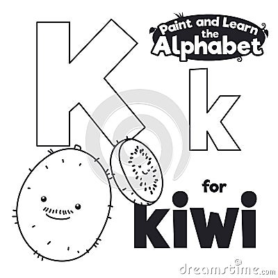 Didactic Alphabet to Color it, with Letter K and Kiwi, Vector Illustration Vector Illustration