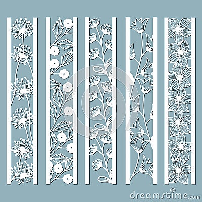 Die and laser cut ornamental panels with floral pattern. bell, dandelion, Orchid, flowers and leaves. Laser cut decorative lace Vector Illustration