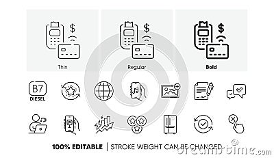 Diesel, Add photo and Signing document line icons. For web app, printing. Line icons. Vector Vector Illustration